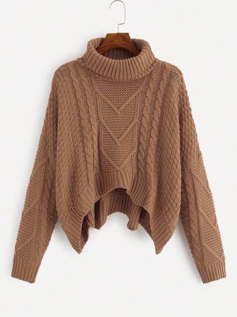 SHEIN Essnce Mixed Knit Asymmetrical Hem Sweater,Long Sleeve Tops In Fall/Winter
