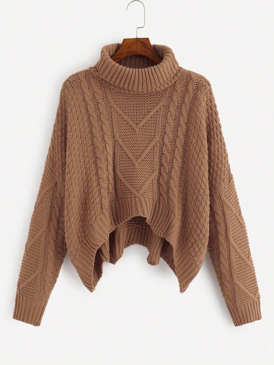 SHEIN Essnce Mixed Knit Asymmetrical Hem Jumper - Camel - View 1