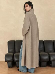 Dazy-Less 女士优雅长款开衫，休闲商务风格，秋冬 - 卡其色 - 查看 2