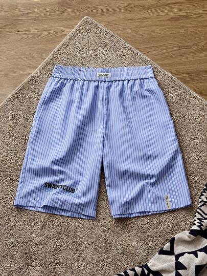 SWAVVY Men's Striped Print Elastic Waist Patch Casual Shorts