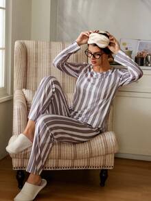 SHEIN 2件套美式休闲条纹印花长袖上衣和裤子女士睡衣套装，冬季服装 - 彩色 - 查看 1