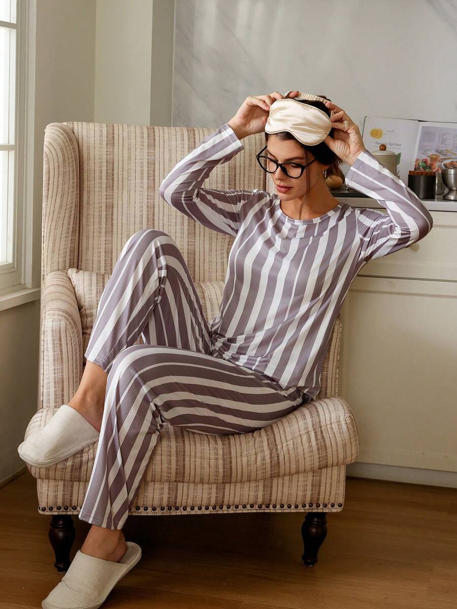 SHEIN 2件套美式休闲条纹印花长袖上衣和裤子女士睡衣套装，冬季服装 - 彩色 - 查看 1