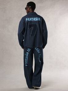 DAZY 男士条纹面料字母数字刺绣设计蓝色夹克套装，秋季 - 藍色 - 查看 5