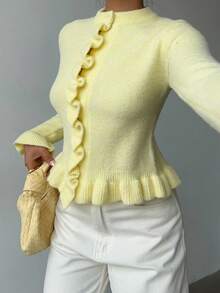 Siren Gaze 女士休闲纯色荷叶边针织上衣 淡黄色上衣 奶油黄开衫 黄色开衫 女士黄色荷叶边开衫 黄色毛衣 冬季 - 黃色 - 查看 3