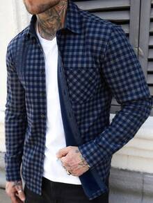 Manfinity CasualCool Áo sơ mi nam dài tay kẻ caro cài một hàng khuy, kiểu dáng casual, có túi, màu xanh dương nhạt, chất liệu flannel, thích hợp cho nam giới, áo sơ mi nam, áo khoác kẻ caro phong cách grunge. - Nhiều màu - Xem 5