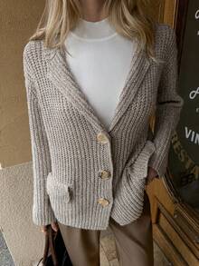 Elyressa 女式休闲长款落肩开衫，长袖，单排扣，秋冬 - 卡其色 - 查看 7