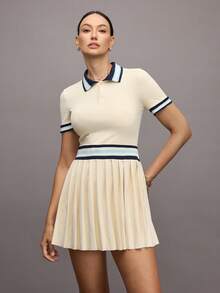 Activina Women's Striped Polo Collar Short Sleeve Pleated Hem Sports Dress With Shorts