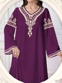 SHEIN Najma 女式优雅阿拉伯风格花卉条纹印花 V 领长袖连衣裙，春秋装 - 彩色 - 查看 3