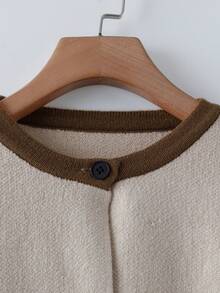 GlowEve Damen Kontrast-Farbiger Rundhals Langarm Einzelknopf Strickjacke, Herbst/Winter