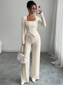 Elenzga Bộ 2 món thời trang nữ màu trơn họa tiết, gồm áo khoác blazer dài tay cổ khoét hai hàng khuy và quần ống đứng dáng rộng cạp cao, phong cách đi làm thanh lịch, thích hợp cho các buổi hẹn hò, đi làm, mùa thu/đông - Màu be - Xem 4