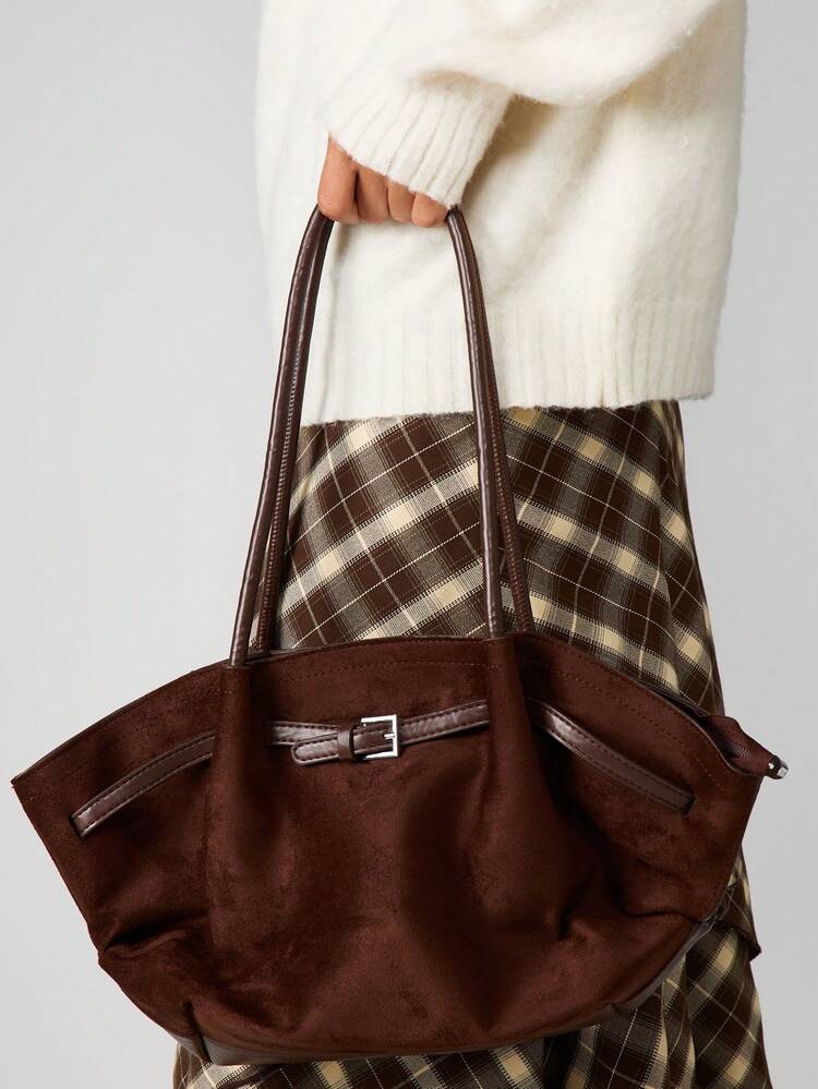 MISSGUIDED Luxurious Suede Tote Bag With Belt Detail And Dual Handles For Everyday Elegance