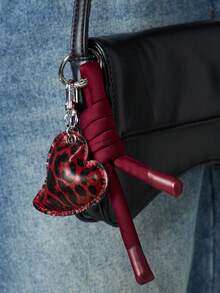 MISSGUIDED Elegant Heart Leopard Print Bag Charm With Tassel Detail Fashion Accessory Keychain - Burgundy - View 1