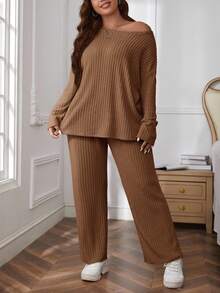 SHEIN Essnce Plus Size Solid Color Round Neck Drop Shoulder Long Sleeve Ribbed Loose 2 Pieces Set/Winter - Ginger - View 4