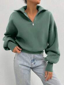 EURMUSE 100% Cotton Collar With Zipper Pattern Oversize Sweatshirt - Mint Green - View 6