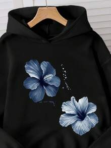 SHEIN Explorewe 舒适秋冬装扮，女孩休闲时尚创意印花连帽衫和运动裤套装，适合青少年女孩的秋冬季舒适运动服，印花连帽衫，妈妈女孩卫衣套装，卫衣直筒裤套装，少女运动裤套装 - 黑色 - 查看 5