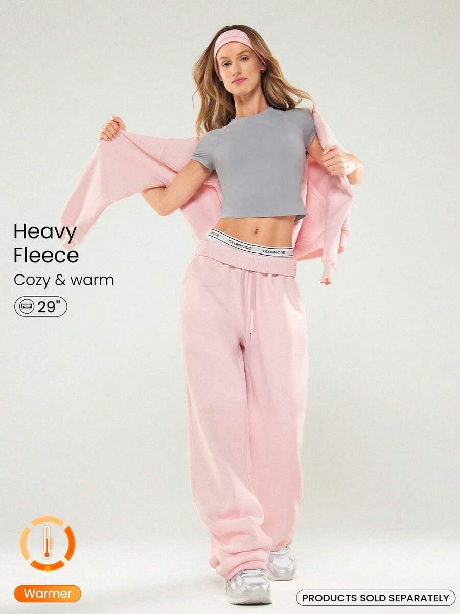 GLOWMODE Quần jogger ống rộng dáng rộng, chất liệu nỉ dày dặn, có dây rút điều chỉnh eo, túi hai bên, thích hợp mặc hàng ngày, giữ ấm mùa đông, hoặc cho ngày Valentine. - Hồng - Xem 1