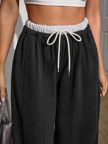 EURMUSE Plus Size Women Extra Belt And Drawstring Detailed Bottom Sweatpants - Dark Grey - View 4