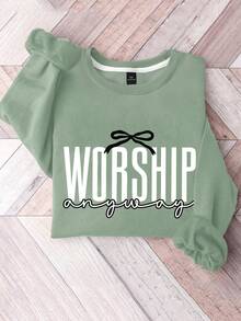 EMERY ROSE Plus Size Women's Letter Slogan 'Worship Anyway' Graphic Crew Neck Long Sleeve Casual Sweatshirt,Fall&Winter