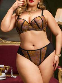 Plus Size Women Floral Lace Fashion Lingerie Set - Brown - View 2