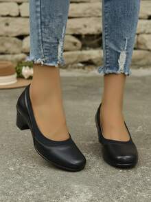 Zapato Mujer Piel Suave Punta Cuadrada Sin Cordones Tacón Grueso Estilo Ejecutivo Para Oficina/Diario Zapatos de Tacón - Negro - Ver 3