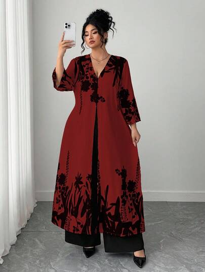 Elenzga 大码女式两件套：花卉印花长袖夹克和阔腿裤，休闲通勤装