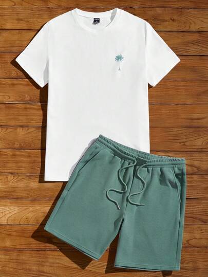 Guys Coconut Tree Print Tee & Drawstring Waist Shorts