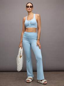 Activina Women's Solid Color Ruched Waist Flare Yoga Pants - Baby Blue - View 6