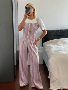 DAZY 2pcs Women's Casual Patchwork 2 In 1 Top And Wide Leg Pants Set Lounge Sets For Women - Pink - View 4