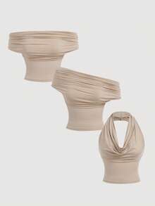 SHEIN MOD 三穿式女士休闲纯色修身上衣，适合夏季穿着，高领设计，露肩款式，美观大方，适合节日、乡村、海滩度假、下午茶聚会等场合，风格端庄，适合舞会等场合，可爱无肩带长款抹胸上衣，女士抹胸套装，适合冬季、圣诞节、新年、感恩节等场合，性感百搭。 - 彩色 - 查看 4