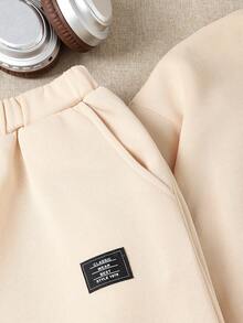 Explorewe Teenager (Boys) English Embossed Crew Neck Pullover Sweatshirt Set, Light Khaki Casual Sweatshirt