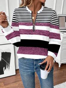 EMERY ROSE Women's Fashion Sweatshirt, Crew Neck, Long Sleeve, Half-Zip, Contrast Ribbed Collar, Cuffs And Hem, Asymmetrical Striped Print, Grey - Multicolor - View 4