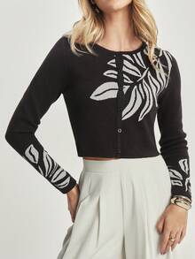 CAJUNI Áo khoác cardigan dệt kim mỏng tay dài màu nâu họa tiết lá be thanh lịch, giản dị, thu/đông - màu đen - Xem 5