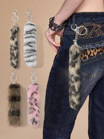J-Fashion 1 Accessorio portachiavi Y2K retrò, dolce e cool, personalizzato, di alta qualità, in pelliccia sintetica multicolore a gradiente con stampa orizzontale leopardata a forma di coda di volpe, adatto per ragazze e donne per uso quotidiano e regali per le vacanze, colore casuale