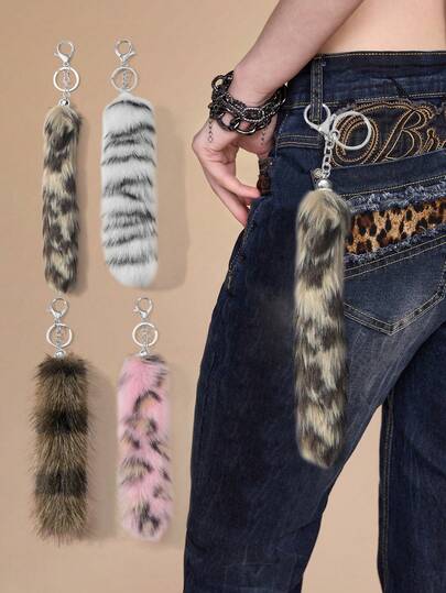J-Fashion 1 Accessorio portachiavi Y2K retrò, dolce e cool, personalizzato, di alta qualità, in pelliccia sintetica multicolore a gradiente con stampa orizzontale leopardata a forma di coda di volpe, adatto per ragazze e donne per uso quotidiano e regali per le vacanze, colore casuale