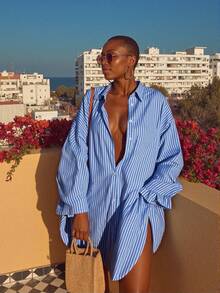 大码女式编织条纹宽松休闲节日连衣裙 - 藍色 - 查看 1