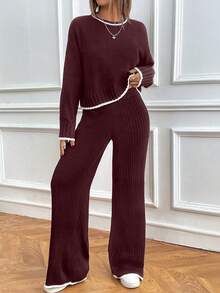 SHEIN PETITE 2pcs Women Contrast Trim Drop Shoulder Crew Neck Loose Knit Pullover Sweater Set - Burgundy - View 6