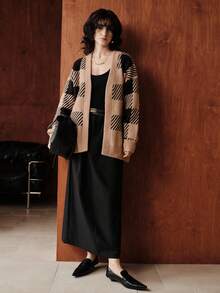 Uhlyne Women's Casual Loose Knit Cardigan, Plaid Pattern, Khaki Color, Long Sleeve, No Button, Suitable For Work And Commute, Winter - Khaki - View 5