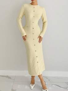 Siren Gaze Women's Soft Yellow Autumn Elegent Work Knit Dress,Round Neck Long Sleeve Metal Button Design Fitted Ribbed Dress,Solid Color Winter White Dress - White - View 6