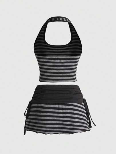 ROMWE Avant Ensemble 2 pièces pour femmes composé d'un Top court à col ras-du-cou rayé bicolore et d'une mini-jupe à taille très basse, style Y2K sexy