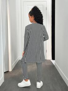 SHEIN Nova Glow Tween Girl NOVA Store, Casual Plaid Print Long Sleeve Cardigan Sweater & Leggings 2 Pieces Set - Black and White - View 2