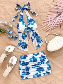 SHEIN x Eduarda Gutierrez Soleia 女式度假花卉印花针织网眼吊带蝴蝶结露背交叉仿花装饰吊带上衣和褶饰迷你裙套装，适合海滩、波西米亚风、度假 - 藍白色 - 查看 7