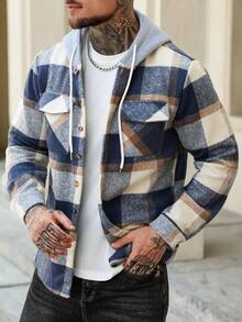 EGENSIO 男士格子长袖单排扣口袋抽绳连帽休闲夹克，秋冬男士法兰绒格子夹克，男士长袖法兰绒 - 藍白色 - 查看 4