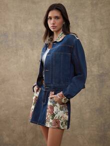 WESTFADE 棉质混纺牛仔布与花卉挂毯提花混合面料领口纽扣前襟西部接缝牛仔夹克秋季、秋季、冬季 - 中等水洗藍 - 查看 4