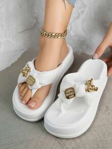 Sandalia para mujer-EVA ligera y cómoda, punta abierta, sin cordones, plataforma gruesa antideslizante, estilo kawaii con moño y oso, para verano y playa, sandalia tipo flip flop - Blanco - Ver 1
