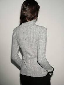 Lumivelle Women's Solid Color Turtleneck Ribbed Fleece Pullover Top, Suitable For Autumn Grey Top  Sparkly Top, Christmas - Grey - View 2
