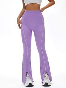 Dewbera 女式高腰喇叭腿开衩休闲健身瑜伽裤 - 紫色 - 查看 3