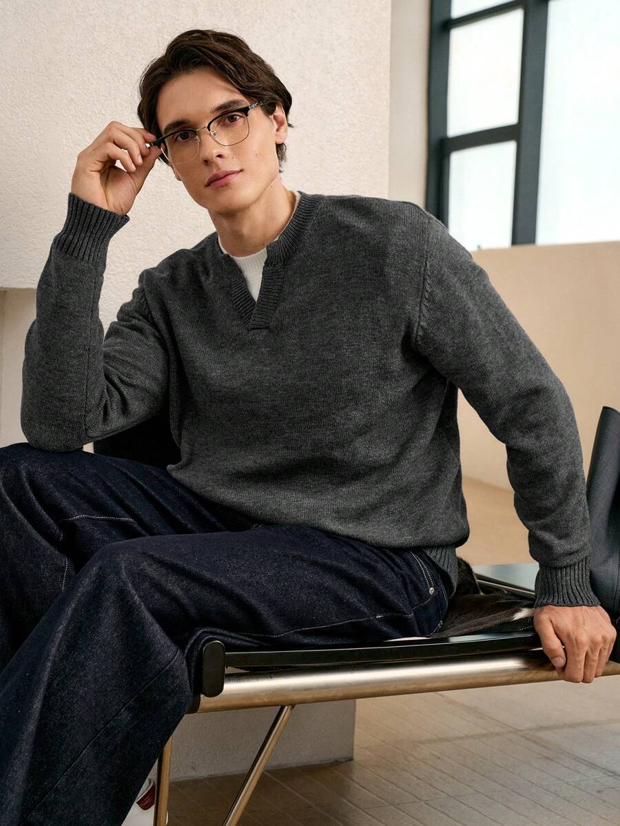 RONVEXI Men's Casual Solid Color Notched Neck Sweater, Versatile For Autumn/Winter - Multicolor - View 1