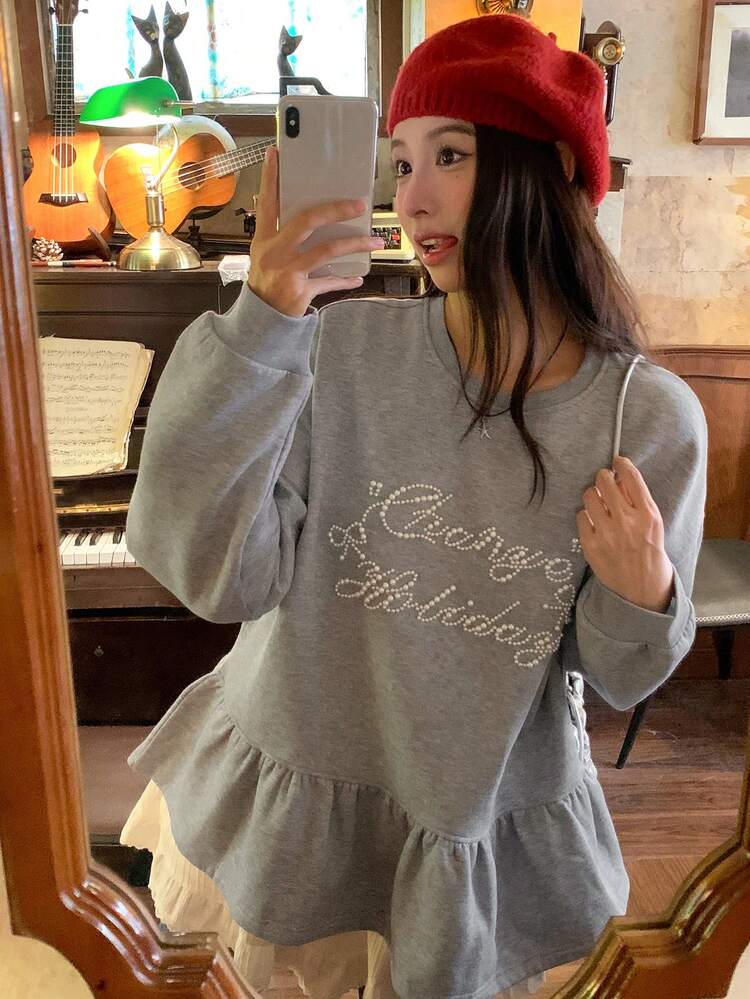 Women's Autumn/Winter Thermal Lined Crew Neck Pearl Decor Casual Cute Pullover Sweatshirt Thermal Lined