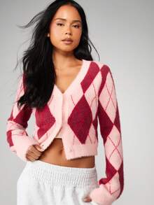 MISSGUIDED Cárdigan con cuello en V con botones y patrón de argyle tejido esponjoso para otoño e invierno - Multicolor - Ver 1