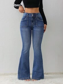 SHEIN Tall 女士牛仔裤 休闲紧身弹力喇叭牛仔裤 - 中等水洗藍 - 查看 2